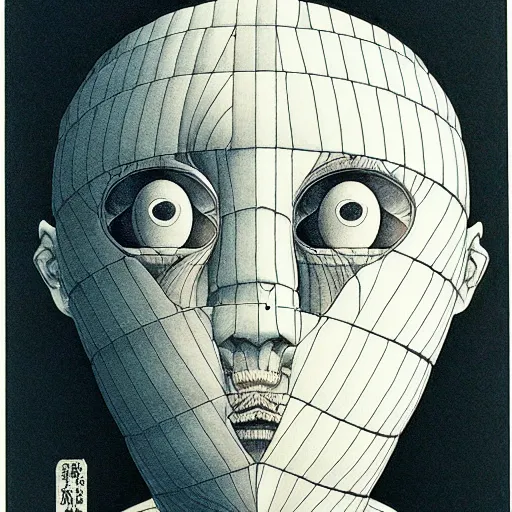 Image similar to prompt: Fragile looking vessel portrait face drawn by Katsuhiro Otomo, inspired by Escher, magical and alchemical objects on the side, soft light, white background, intricate detail, intricate ink painting detail, sharp high detail, manga and anime 2000