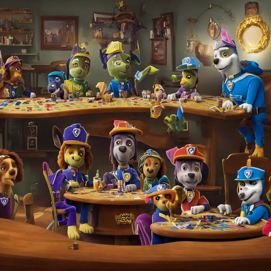 Prompt: beautiful studio photograph of a surrealist assemblage of skye from paw patrol and marshall from paw patrol and chase from paw patrol playing poker in a saloon, sculpted by ron mueck and matthew barney and rene magritte, hysterical realism intense cinematic lighting shocking detail 8 k