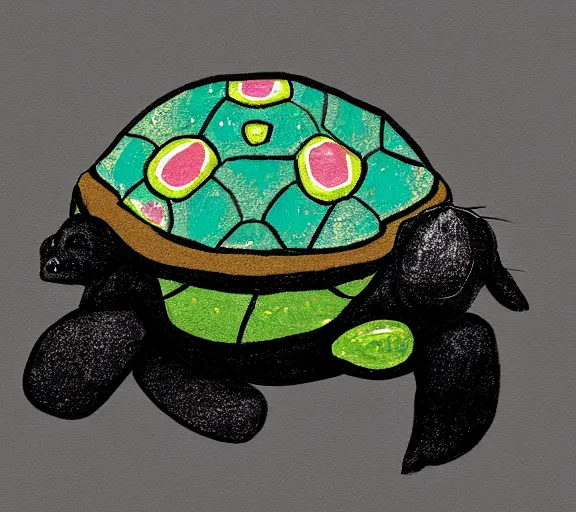 Image similar to a cute little turtle sitting on the back of a black pug, digital art, colourful