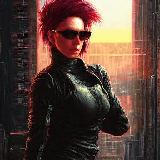 Prompt: molly millions, closeup portrait of a young beautiful badass female cyberpunk mercenary with sunglasses, black hair in a rough shag, sunset, neuromancer, street samurai, cyberpunk city background, megacity, gorgeous view, depth, painted by seb mckinnon, high detail, digital art, painted by greg rutkowski, trending on artstation