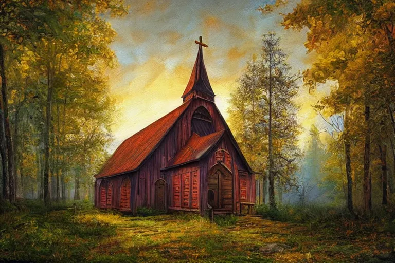 Prompt: wooden church in the forest, very detailed, focused, oil painting, colorful, canvas, artstation, Vsevolod Ivanov