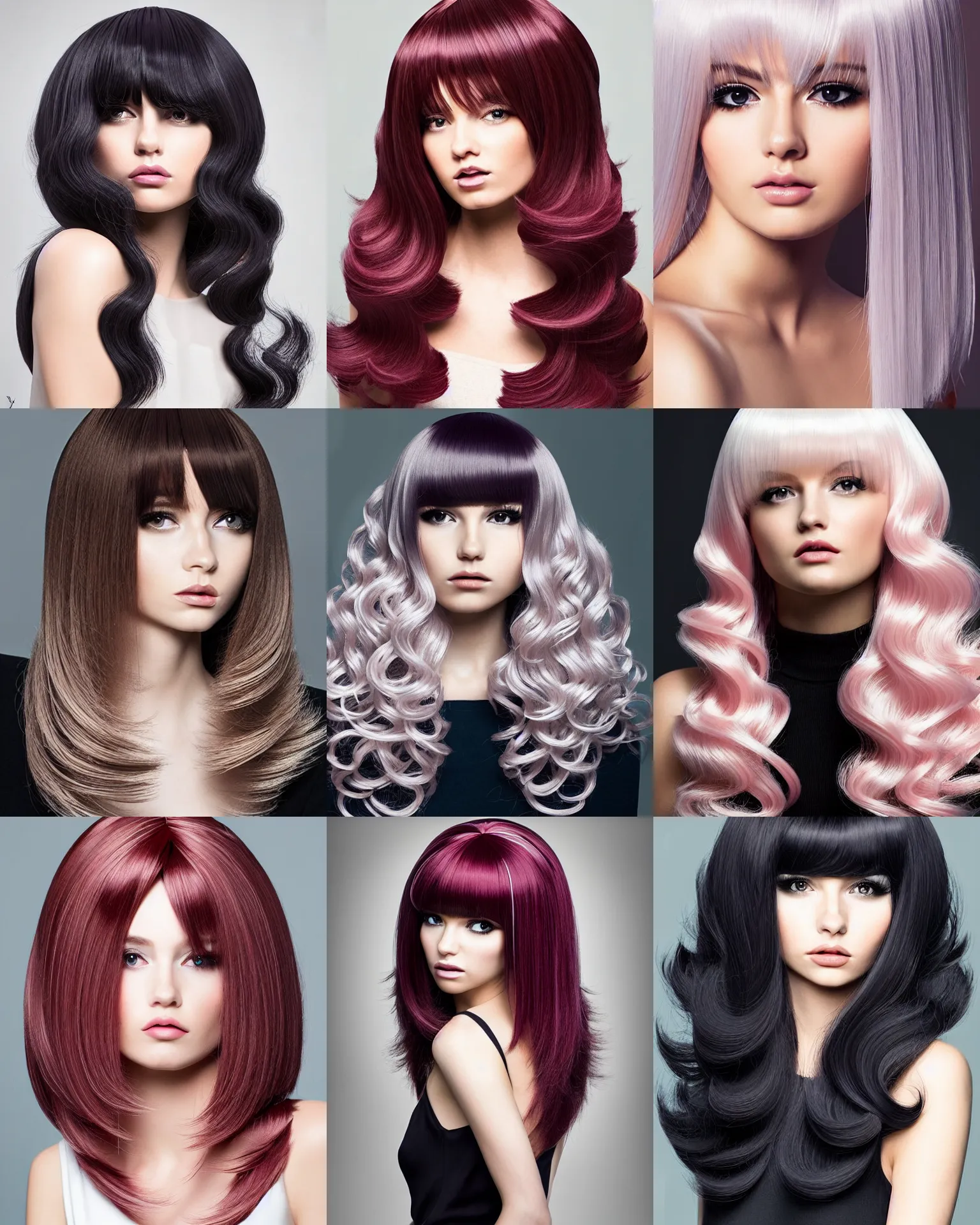 Prompt: stylized avant hairstyle portrait demure pinterest wig professional volume wavy dynamic form, clear anime hair bangs, full wig display instagram, high detail, sigma 8 5 mm f _ 8, high detail, expert photography