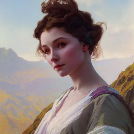 Image similar to a beautiful closeup portrait of a young vivian leigh, mountain background, serene colors, dramatic light, gorgeous view, depth, high detail, digital art, painted by alphonse mucha and greg rutkowski, trending on artstation