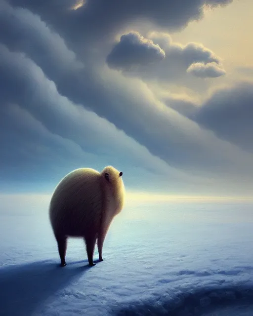 Image similar to white capybara at a cold tundra land, surreal photography, dramatic, impressionist painting, colorful clouds, digital painting, artstation, kilian eng, john harris, bastien lecouffe - deharme, simon stalenhag, flower face