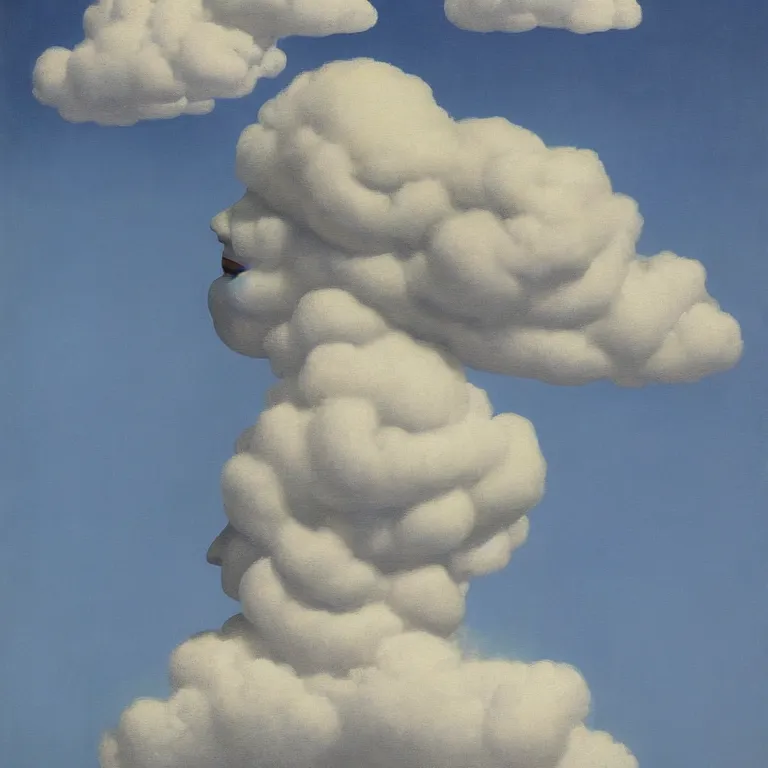 Image similar to cloud - man, by rene magritte, centered, detailed painting, hd, hq, high resolution, high detail, 4 k, 8 k