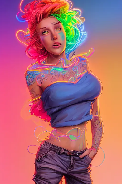 Image similar to a award winning full body portrait of a beautiful woman with stunning eyes in a one off shoulder croptop and cargo pants with rainbow colored hair, outlined by whirling illuminated neon lines and fine lines swirling in circles by jesper ejsing and rhads and makoto and shinkai and lois van baarle, digital art, trending on artstation