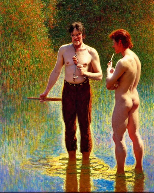 Prompt: quentin tarantino wading through a river, reflective water, painting by tom of finland, gaston bussiere, craig mullins, j. c. leyendecker, claude monet