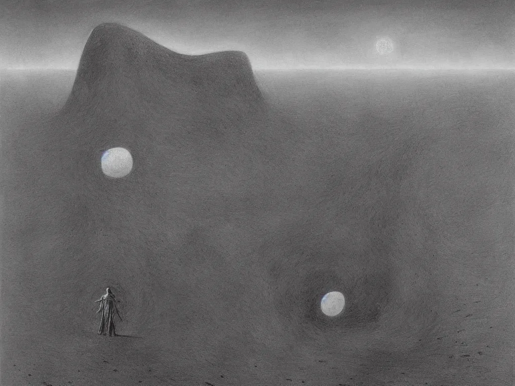 Image similar to Eldritch horror descending from the moon on a desert land, by zdzisław beksiński