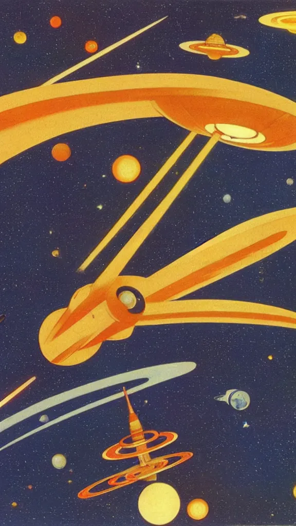 Prompt: a spaceship flying through a solar system, 1950s art deco, retrofuturism, edward hopper