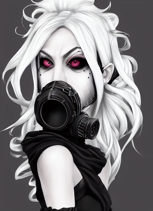 Image similar to face portrait of goth anime girl with black and white hair wearing a gas mask, symmetry, digital painting, trending on artstation and deviantart, epic composition, dynamic, highly detailed, ross draws, wlop, 8 k