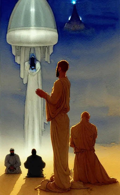 Image similar to a hyperrealist watercolour character concept art portrait of a group of middle eastern men kneeling down in prayer in front of a giant angel on a misty night in the desert. a ufo is in the background. by rebecca guay, michael kaluta, charles vess and jean moebius giraud