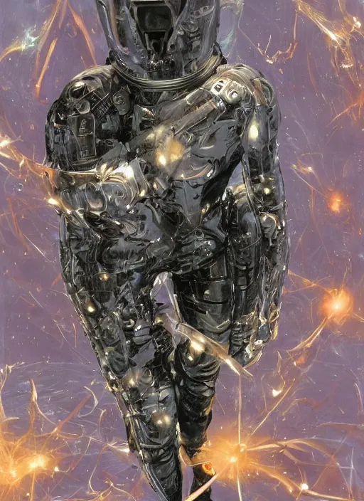 Image similar to astronauts in dark and empty void underwater - complex and hyperdetailed suit. reflection and dispersion materials. rays and dispersion of light. volumetric light. 5 0 mm, f / 3 2. noise film photo. flash photography. ultra realistic, wide angle. poster by wayne barlowe, hajime sorayama aaron horkey, craig mullins. polaroid.