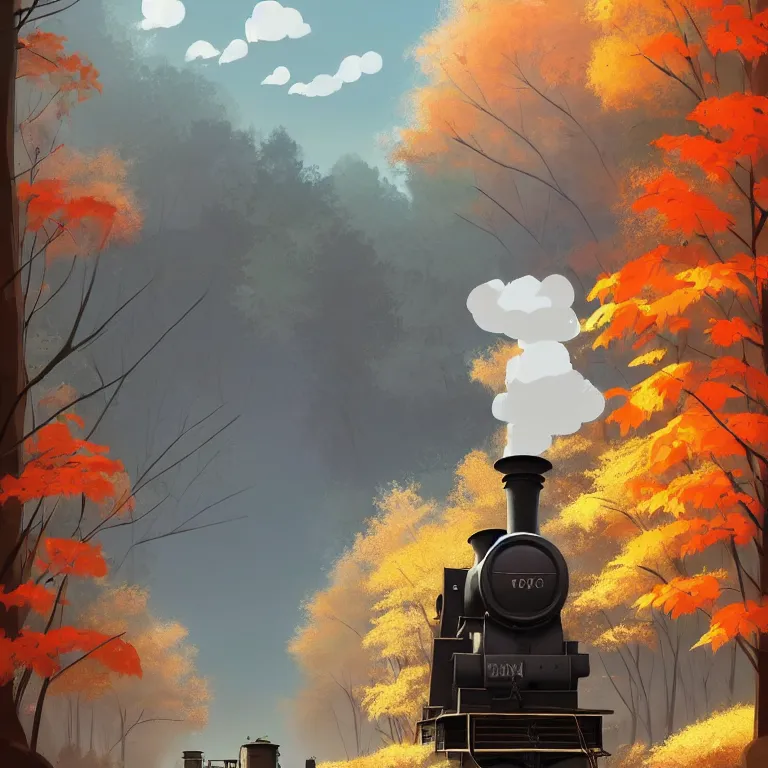 Prompt: Goro Fujita illustrating An antique steam train with a large white cloud coming out of the chimney travels through a beautiful autumn forest along the railroad tracks art by Goro Fujita concept art sharp focus