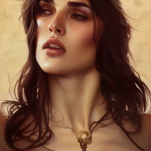 Image similar to Italian Supermodel, olive skin, long dark hair, beautiful bone structure, intricate, elegant, highly detailed, digital painting, artstation, concept art, smooth, sharp focus, illustration, art by artgerm and greg rutkowski and alphonse mucha