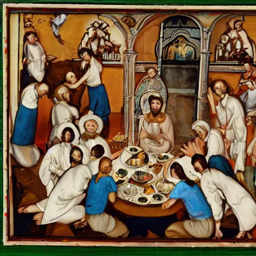 Prompt: A group of disheveled Men scrambling to eat the holy foot