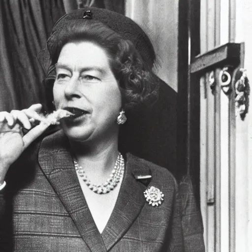 Image similar to Queen Elizabeth as Bob Marly smoking weed