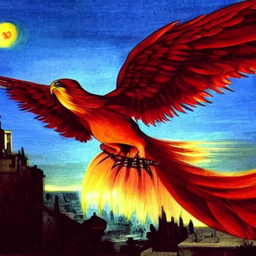 Image similar to Glowing Phoenix bird flying above a city in the moonlight painted by Caravaggio. High quality.