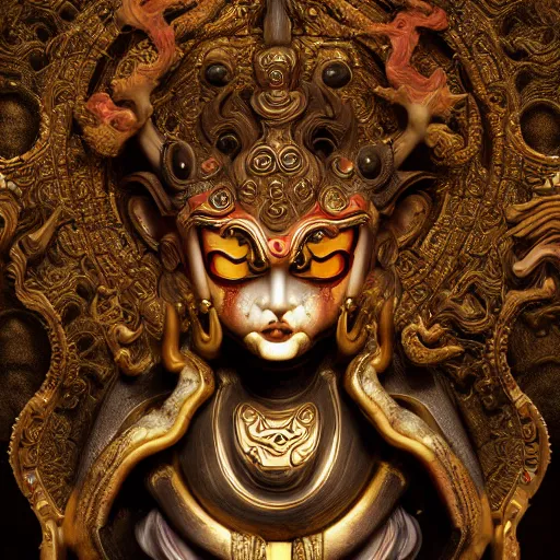 Image similar to naraka buddhist demon korean female, highly detailed, symmetrical long head, golden amber blood eyes, smooth marble surfaces, detailed ink illustration, raiden metal gear, cinematic smooth stone, deep aesthetic, concept art, post process, 4 k, carved marble texture and silk cloth, latex skin, highly ornate intricate details, in the style of 8 8 grzes