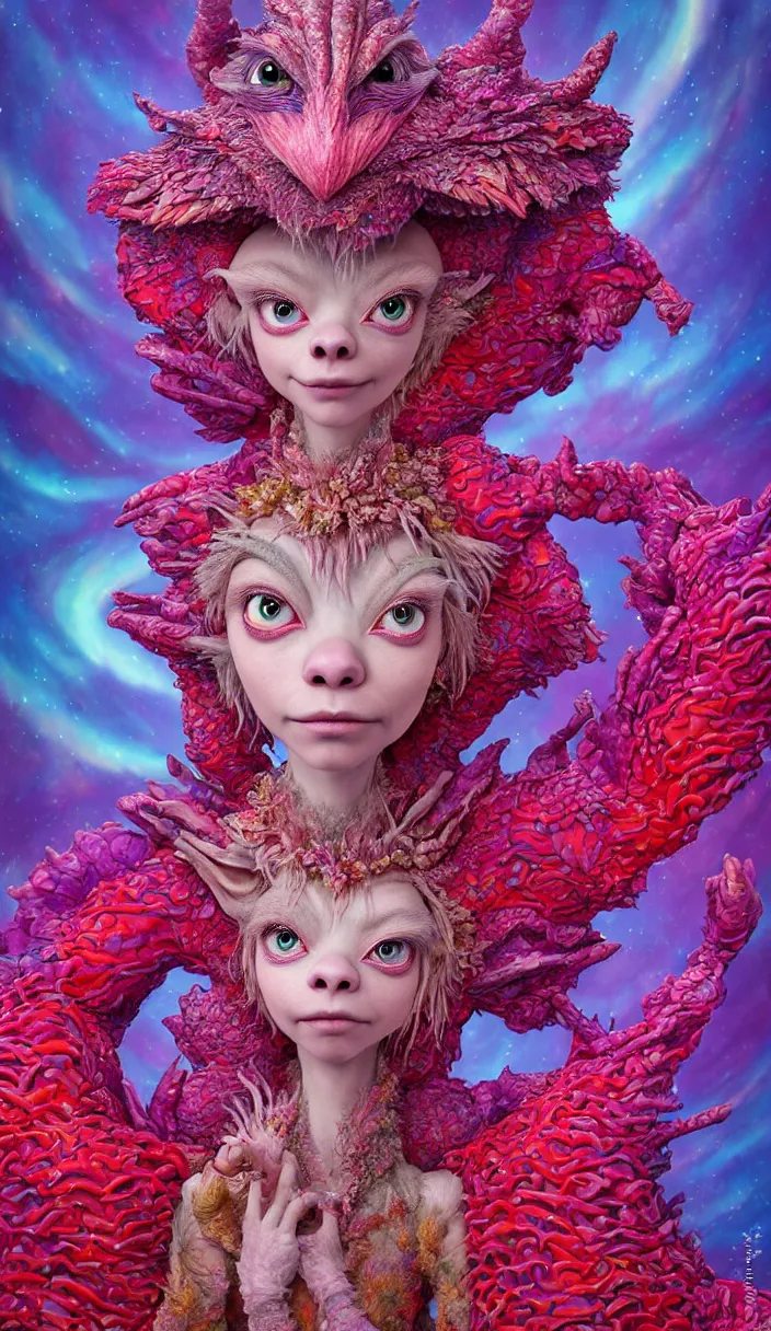 Image similar to hyper detailed 3d render like a Oil painting - kawaii portrait Aurora (a beautiful skeksis muppet fae queen from dark crystal that looks like Anya Taylor-Joy) seen red carpet photoshoot in UVIVF posing in scaly dress to Eat of the Strangling network of yellowcake aerochrome and milky Fruit and His delicate Hands hold of gossamer polyp blossoms bring iridescent fungal flowers whose spores black the foolish stars by Jacek Yerka, Ilya Kuvshinov, Mariusz Lewandowski, Houdini algorithmic generative render, Abstract brush strokes, Masterpiece, Edward Hopper and James Gilleard, Zdzislaw Beksinski, Mark Ryden, Wolfgang Lettl, hints of Yayoi Kasuma, octane render, 8k