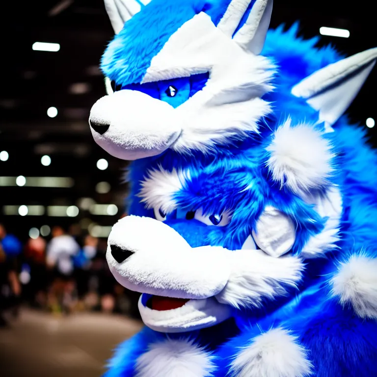 Image similar to photo of a fursuiter ( spherical dragon ) ( blue + white fur ) posing | | fullbody fursuiter photoshoot, photo portrait of a cute roguish male furry fursuiter ( tail attached ), key visual, warm lighting, hd, taken at anthrocon ( furry convention ), 1 6 k