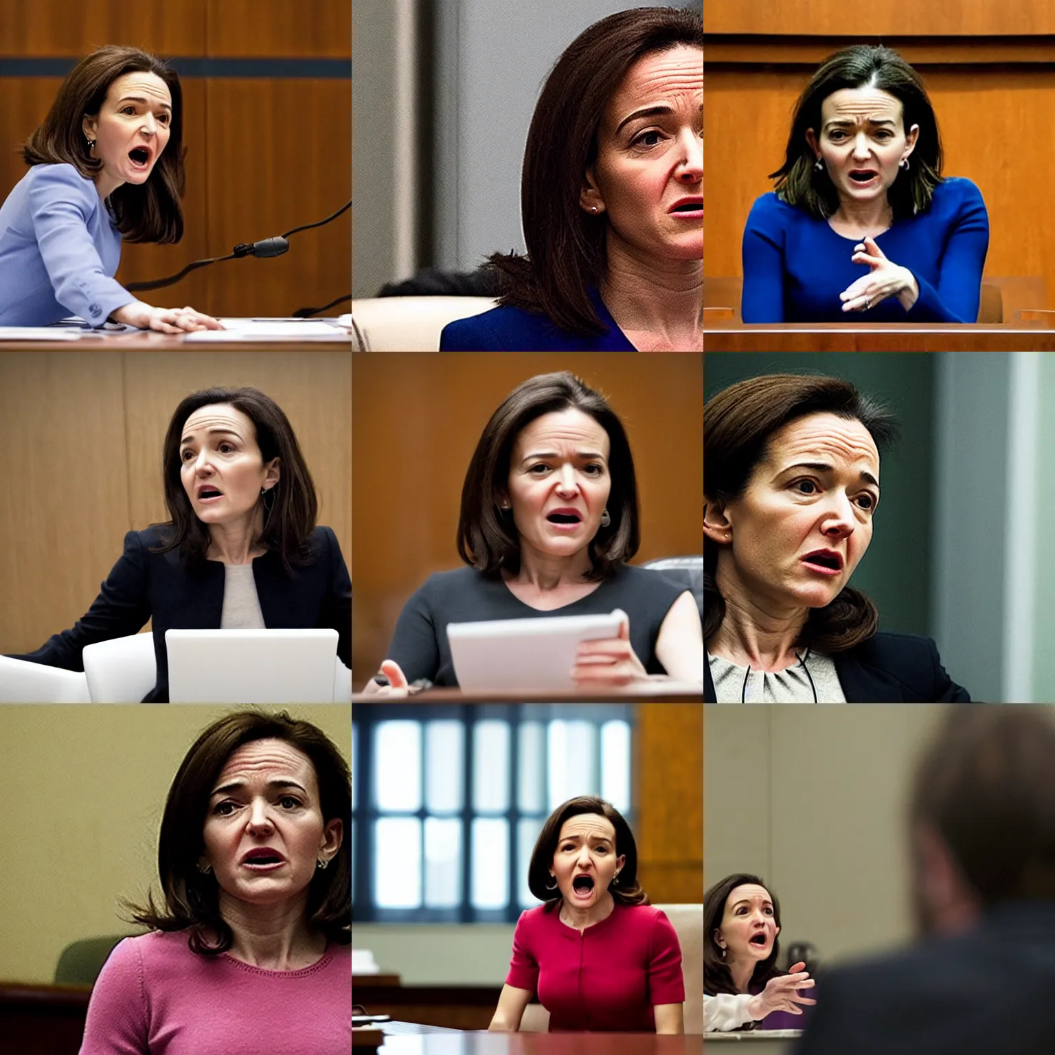 Prompt: Movie still of a furious, screaming Sheryl Sandberg testifying in court in Facebook The Movie (2017), directed by Steven Spielberg