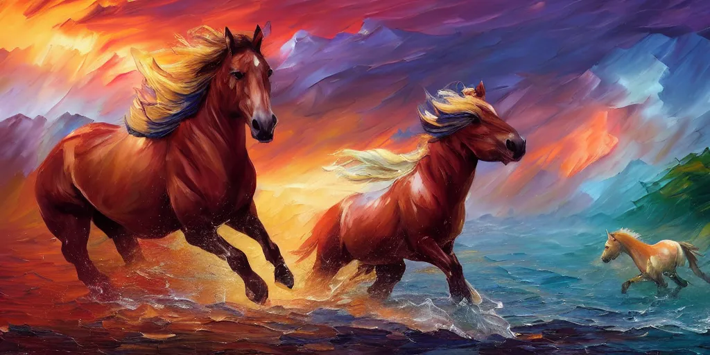 Prompt: wild horses chasing each other, Alena Aenami, Leonid Afremov, Petros Afshar, Noah Bradley, Anton Fadeev, Anato Finnstark, Steve Henderson, Filip Hodas, Mark Keathley, Thomas Kinkade, Phil Koch, Gilbert Williams, Mike Winkelmann, Beeple