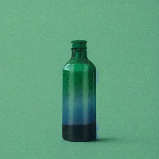 Image similar to small potion with a cork top filled with a green and turquoise gradient liquid, on a desk, old film photo