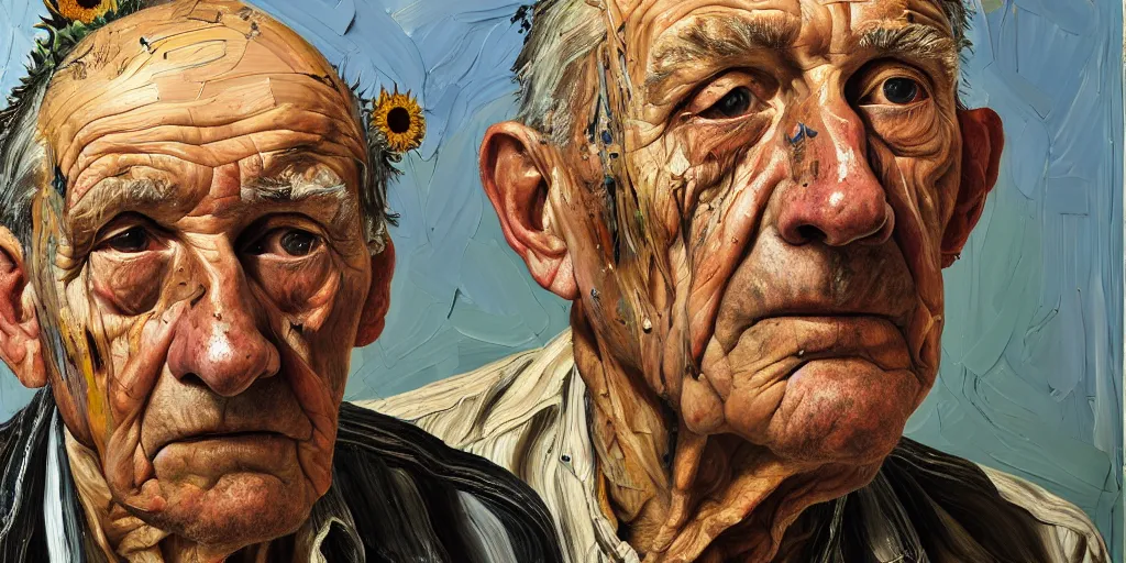 Image similar to a head and shoulders portrait a very ordinary old man with an sad expression, side angle, by Lucian Freud and Jenny Saville and Anselm Kiefer, oil painting, rust, Scaffolding, sunflowers, anatomically correct, beautiful perfect face, visible brushstrokes, sharp focus, Highly Detailed, Cinematic Lighting, 8k, HD