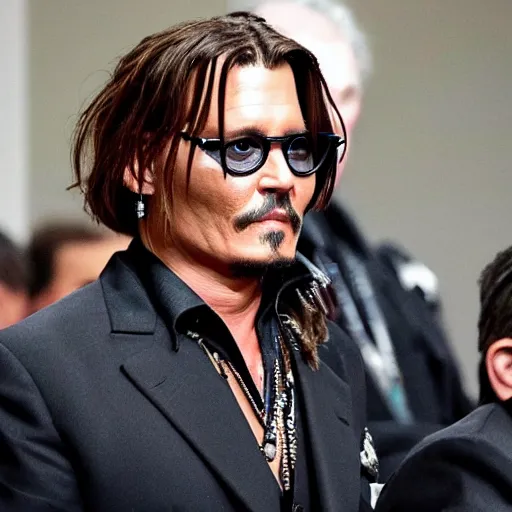 Image similar to johnny depp cheering in court as he wins defamation case, 4 k, photorealistic photography