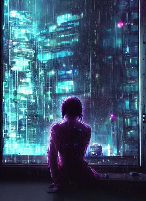 Image similar to lonely cyber person made of cosmic nebula galaxy energy watching a rainy stormy colorful complex cyberpunk futuristic city from behind at night through a window in a room full of wires and screens, 8 k, hyper photorealistic, wet, highly detailed, cinematic mood by ridley scott, ghost in the shell, rendered in octane, trending on artstation, glowing lights, gloomy, epic composition