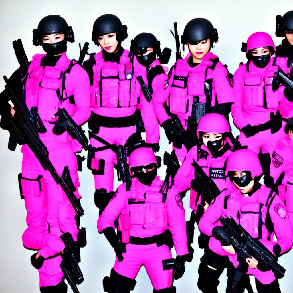 Image similar to kawaii swat team, colorful fuschia