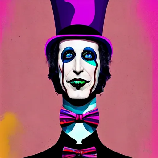 Image similar to graphic illustration, creative design, willy wonka as marilyn manson, biopunk, francis bacon, highly detailed, hunter s thompson, concept art