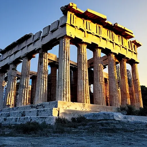 Prompt: beautiful greek temple made of black marble with gold trim, award winning photograph at sunrise