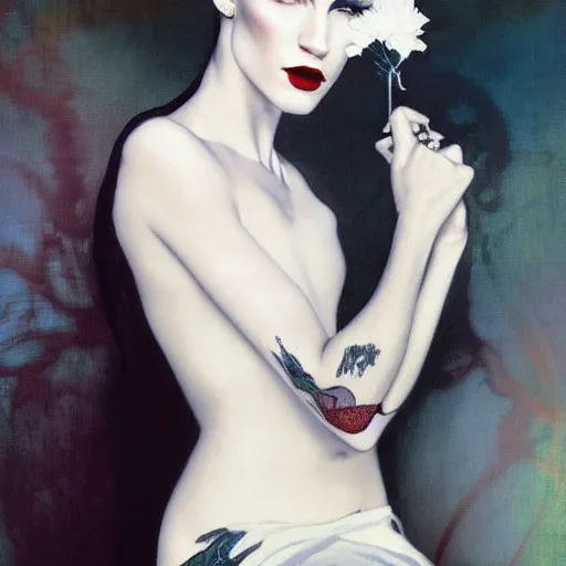 Image similar to beautiful portrait of androgynous ruby rose as desire from sandman in a white tuxedo!!!, rockabilly style,, by alphonse mucha, by jeremy mann, by peter lindbergh, dave mckean, by frank moth, white suit and black tie, soft lightning, high detailed, 8 k