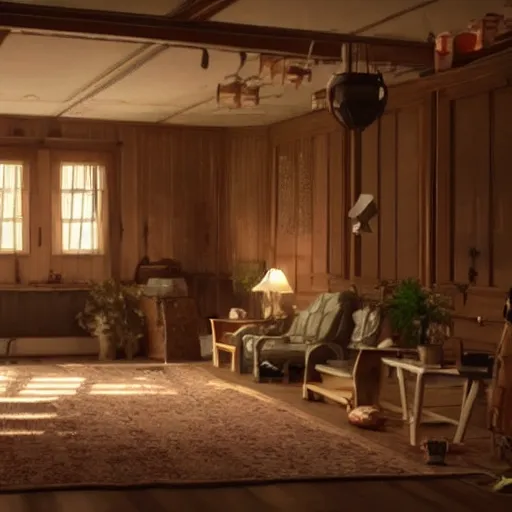 Image similar to a living room with the furniture hanging from the ceiling and people sleeping peacefully on the floor. Long shot from a movie.