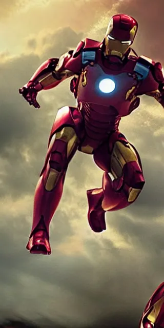 Image similar to full shot photograph of jesus christ being carried by iron man on doomsday, photorealistic, cinematic lighting, extremely detailed