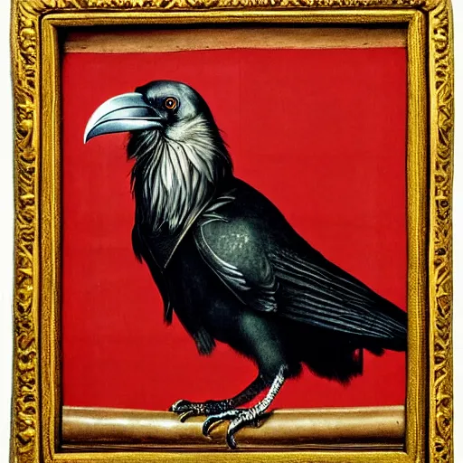 Image similar to a highly detailed portrait of a raven, wearing elegant tudor clothes, inside a room with thick red tapestries, by hans holbein and alessandro allori