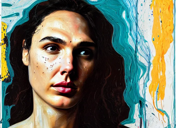 Prompt: portrait of gal gadot in tears, by vincent lefevre and hernan bas and pat steir and hilma af klint, psychological, photorealistic, dripping paint, washy brush, rendered in octane, altermodern, masterpiece