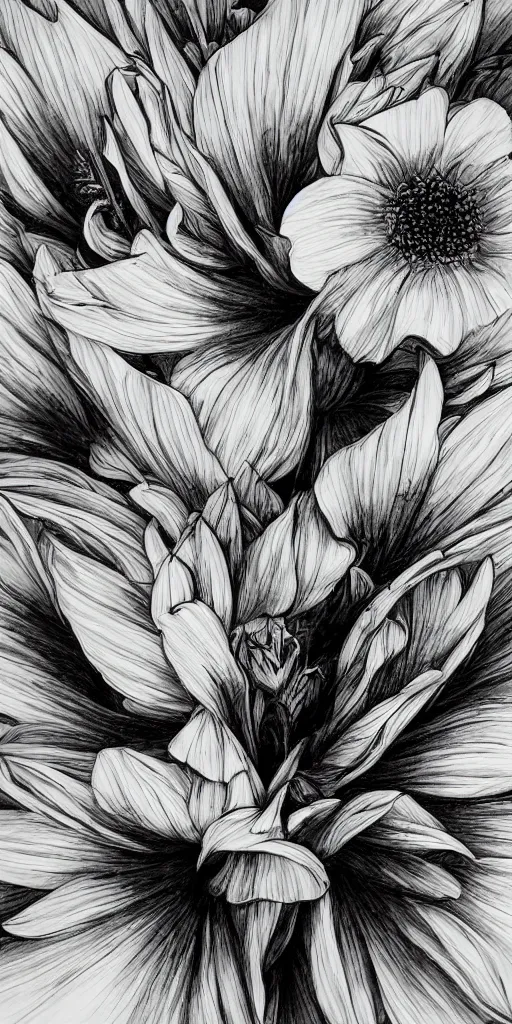 Prompt: highly detailed beautiful photography of flower, sharp focus, dramatic, dynamic, lighting, elegant, black background, harmony, beauty, masterpiece, by durero, by kim jung gi, pen draw