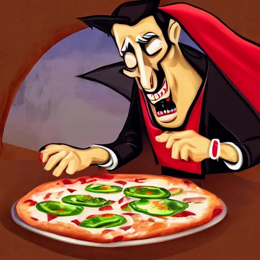 Image similar to time lapse painting of dracula cooking pizza