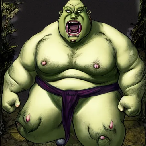 Image similar to fat orc with green skin flexing, loincloth, muscular arms, thick muscular legs, black faux hawk, beard, pointy ears, chest hair, 4K, in the style of Masanori Warugai