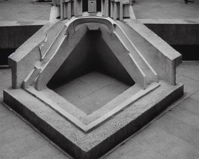 Image similar to by francis bacon, escher, mystical photography evocative. an fractal concrete carved sculpture, standing in a city center.
