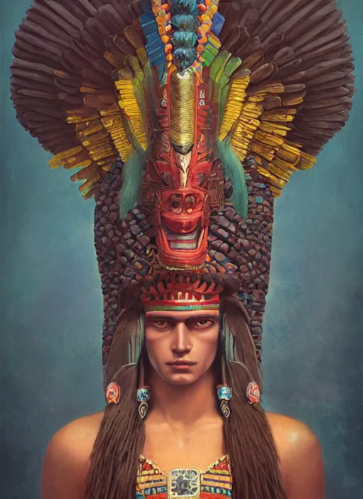 Image similar to portrait of aztec masculine god quetzalcoatl, by bogdan rezunenko and denys tsiperko and tom bagshaw, magic realism