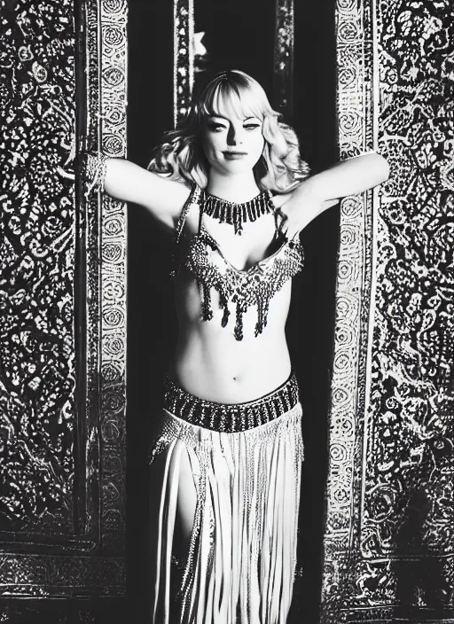 Image similar to portrait of emma stone as a belly dancer in a persian palace, by charlotte grimm, natural light, detailed face, beautiful crossed hands,, canon eos c 3 0 0, ƒ 1. 8, 3 5 mm, 8 k, format print, half body shot