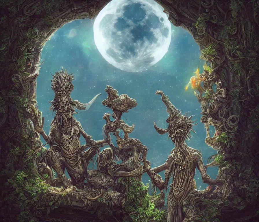 Prompt: a detailed digital art of a stoned ancient celtic god alien on a balcony, outside alone smoking weed, a tropical mountain on a full moon night with dark clouds in the skies, artstation, ornate, award - winning art, 8 k, vivid color scheme, tilt shift focus, wide angle shot,