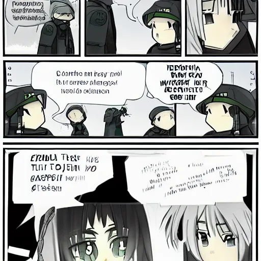 Image similar to comic drawn in pen, two panel meme, chito girls last tour, first panel contains speech bubble, fan art, anime,