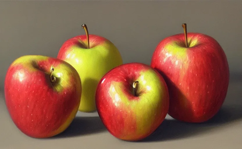 Prompt: a hyper-realistic oil painting of single!!!!!!! apple; hyper-detailed; an extraordinary masterpiece!!!; flawless; trending on artstation