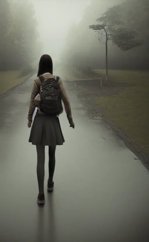 Prompt: school girl walking, gloomy and foggy atmosphere, octane render, cgsociety, artstation trending, horror scene, highly detailded