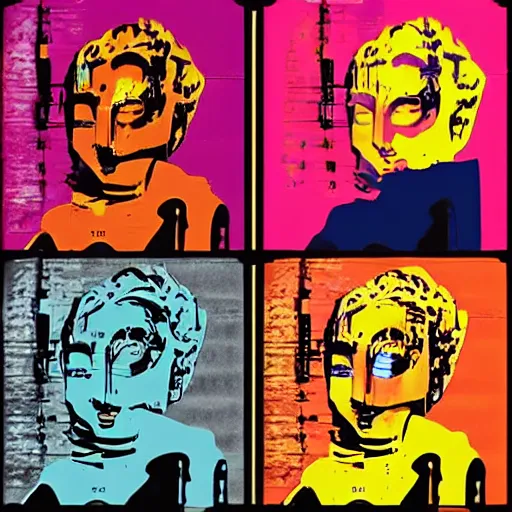 Image similar to rusty old fashion metropolis androids, in the style of andy warhol