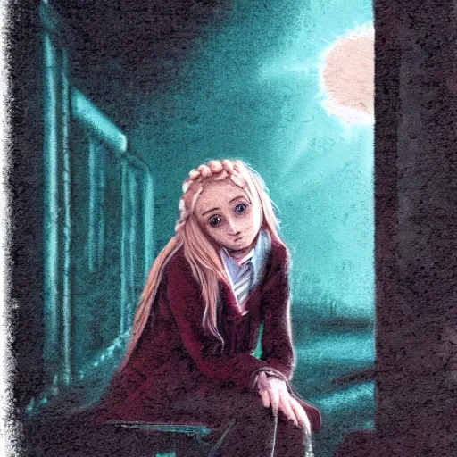 Image similar to luna lovegood sitting in a dark alley reading a book in a hyper realistic shot, low light